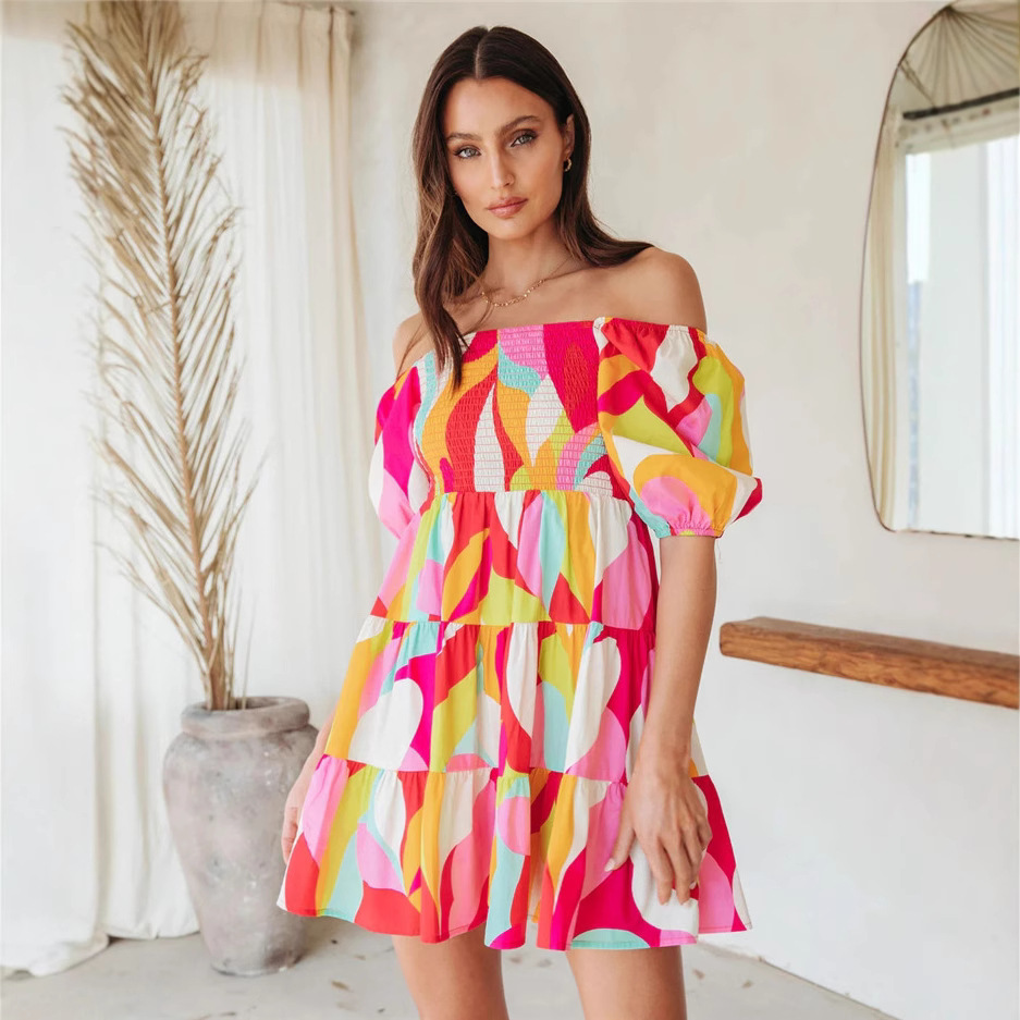 2025 Amazon Independent Store European and American one-neck pullover geometric pattern ladylike sweet loose short-sleeved dress details Picture