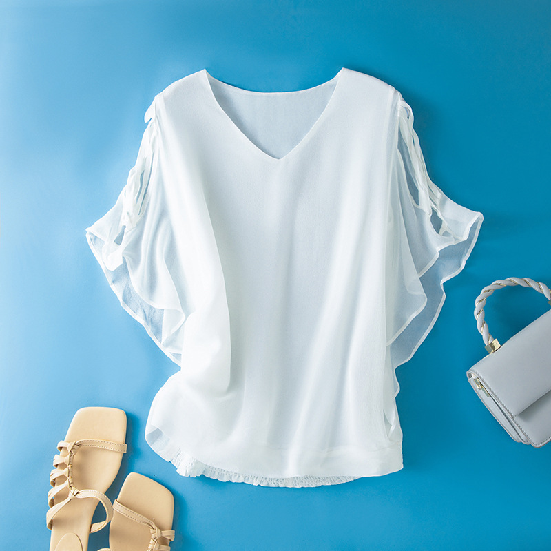 Double-layer summer dress, mulberry silk bat-sleeved blouse, stylish, waist-cinching and belt-covering loose silk blouse for women 81122