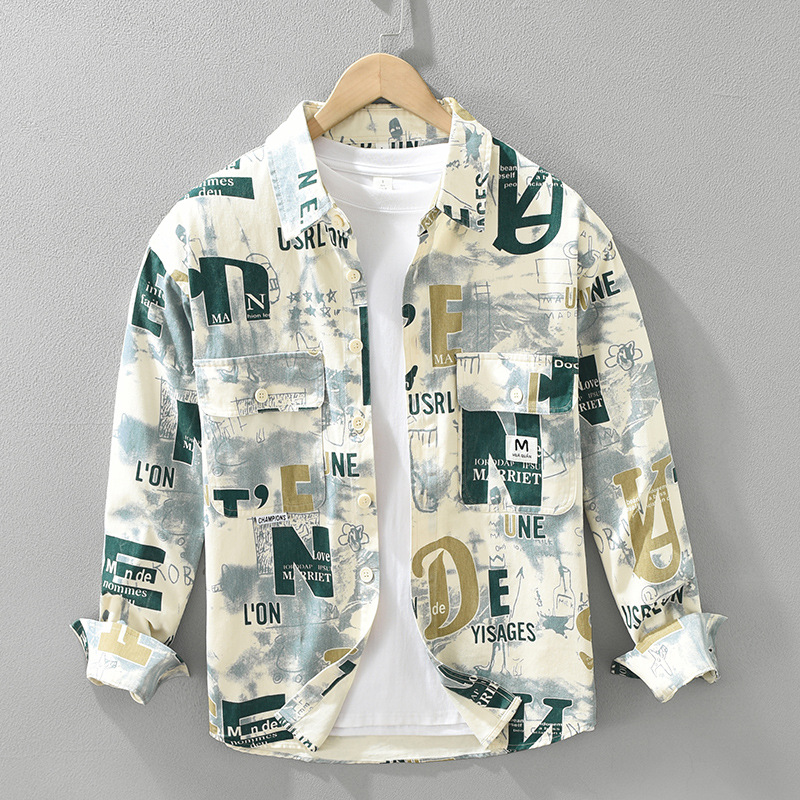 7302 Japanese-style fresh printed long-sleeved shirt for men, fashionable, casual and artistic, loose-fitting pocket top, one-piece consignment