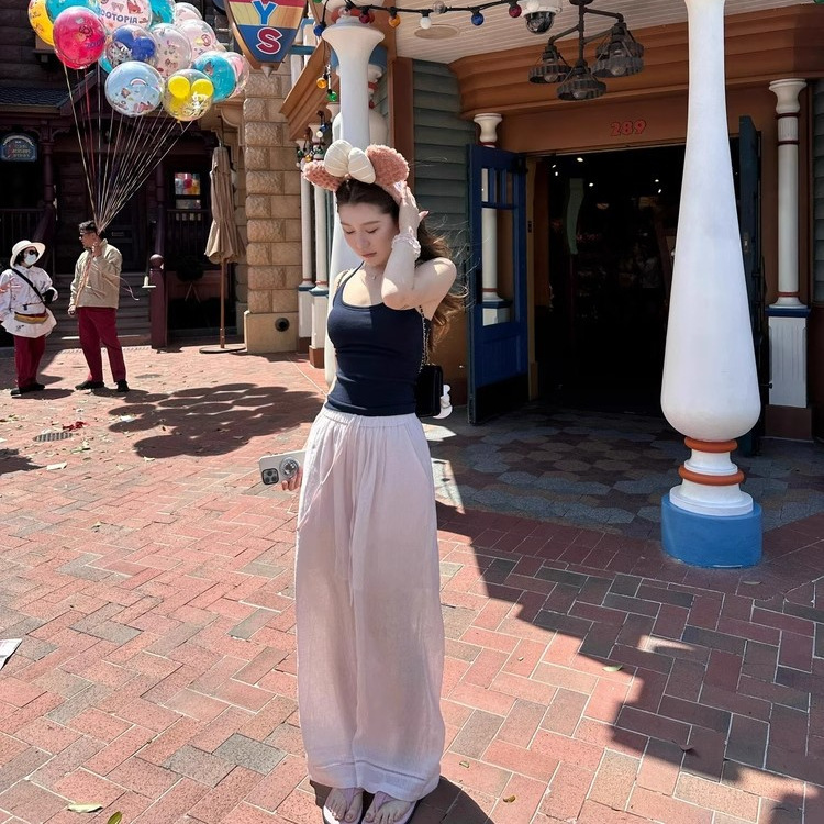Thin cotton and linen pink linen wide-leg pants for women with a gentle summer feel, loose and casual lace-up, elastic waist and drape straight-leg pants Specification image