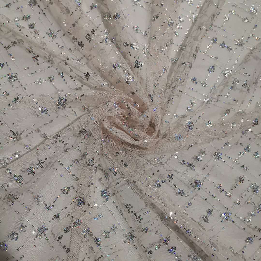 Hongli Technology HLJC-337 Europe Station Women's clothing sequined embroidery fabric lace dress, evening dress, wedding dress, checkered embroidery sequined fabric, supports cut rice sample, direct supply and customization in stock Specification image