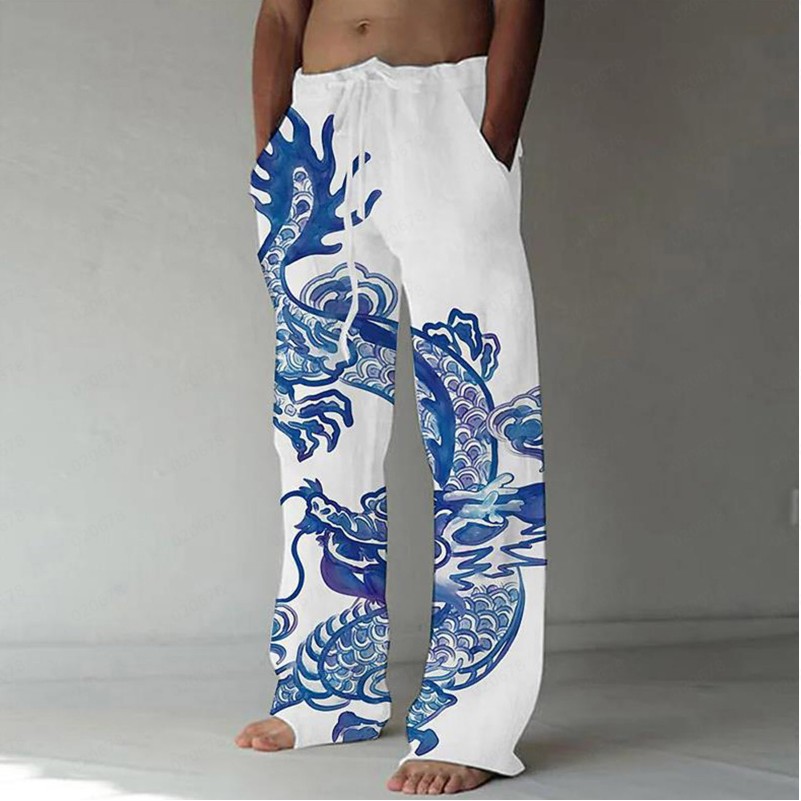 Chinese dragon printed men's straight-leg beach pants for the Year of the Dragon, comfortable and fashionable wide-leg pants for summer and autumn, Amazon independent store