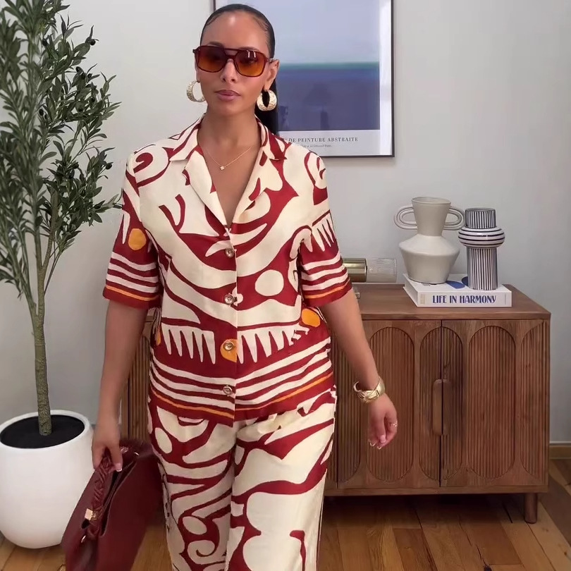 European and American fashionable women's suit collar printed shirt, high-waisted wide-leg trousers, African style elegant two-piece set for summer Application Scenario
