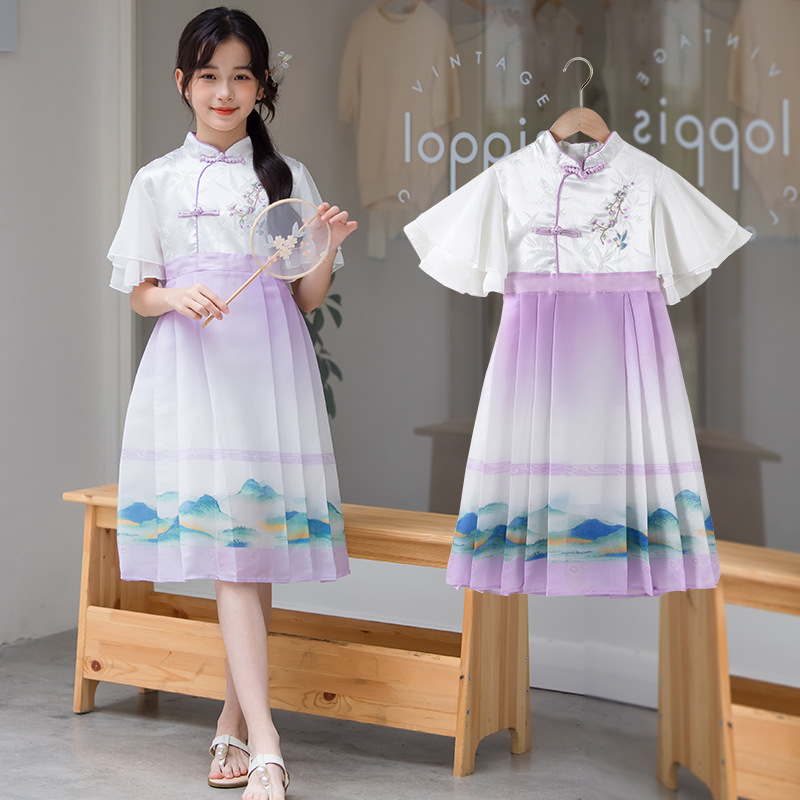 "National Trend Girls' Landscape Horse Face Dress 2025 Summer New Stylish and fashionable children's Hanfu dress, baby girl princess dress. details Picture