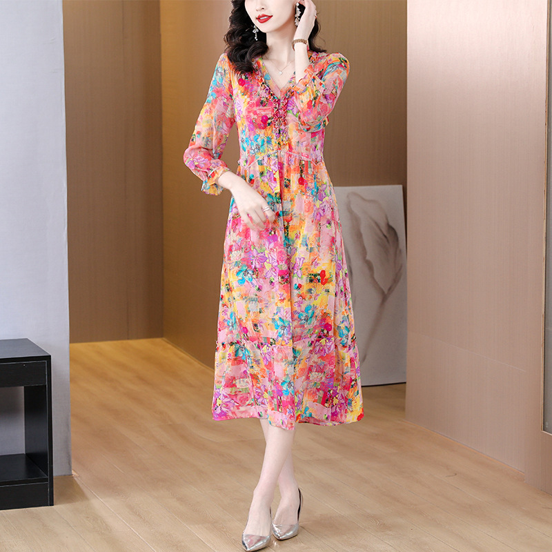 High Quality Plus Size Age Reduction Middle-Aged Female Mother Foreign Style Silk Dress Fashion Temperament Slim Mulberry Silk Skirt Summer details Picture