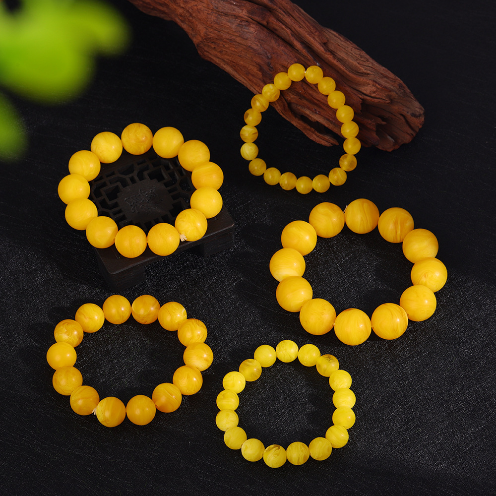 二代蜜蜡 鸡油黄手串 琥珀手链蜜蜡珠子散珠男女同款哑光工厂批发