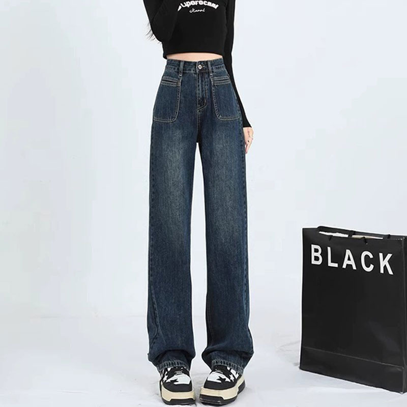 复古窄版阔腿牛仔裤女2024新款春秋高腰直筒宽松小个子垂感拖地裤