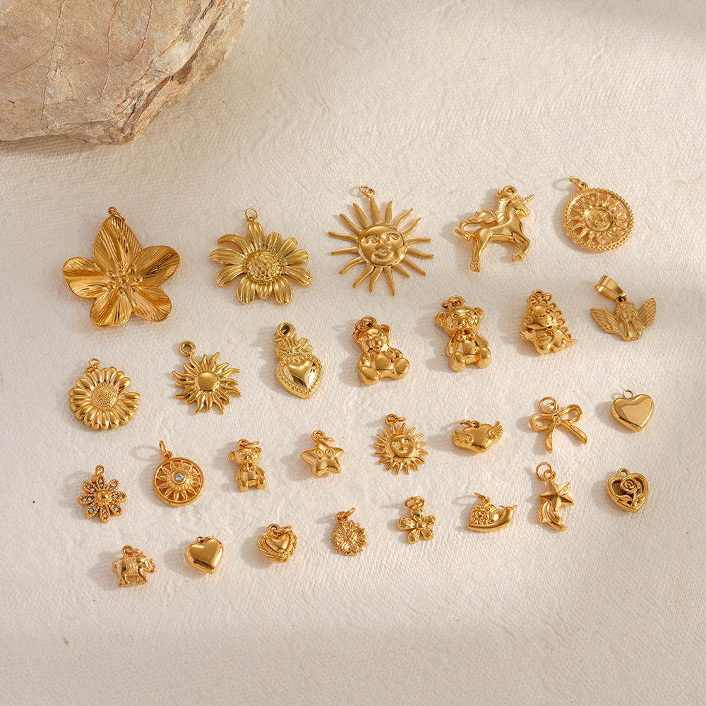 不锈钢18K真空金色吊坠带钻太阳花蝴蝶结动物系列diy小巧饰品配件