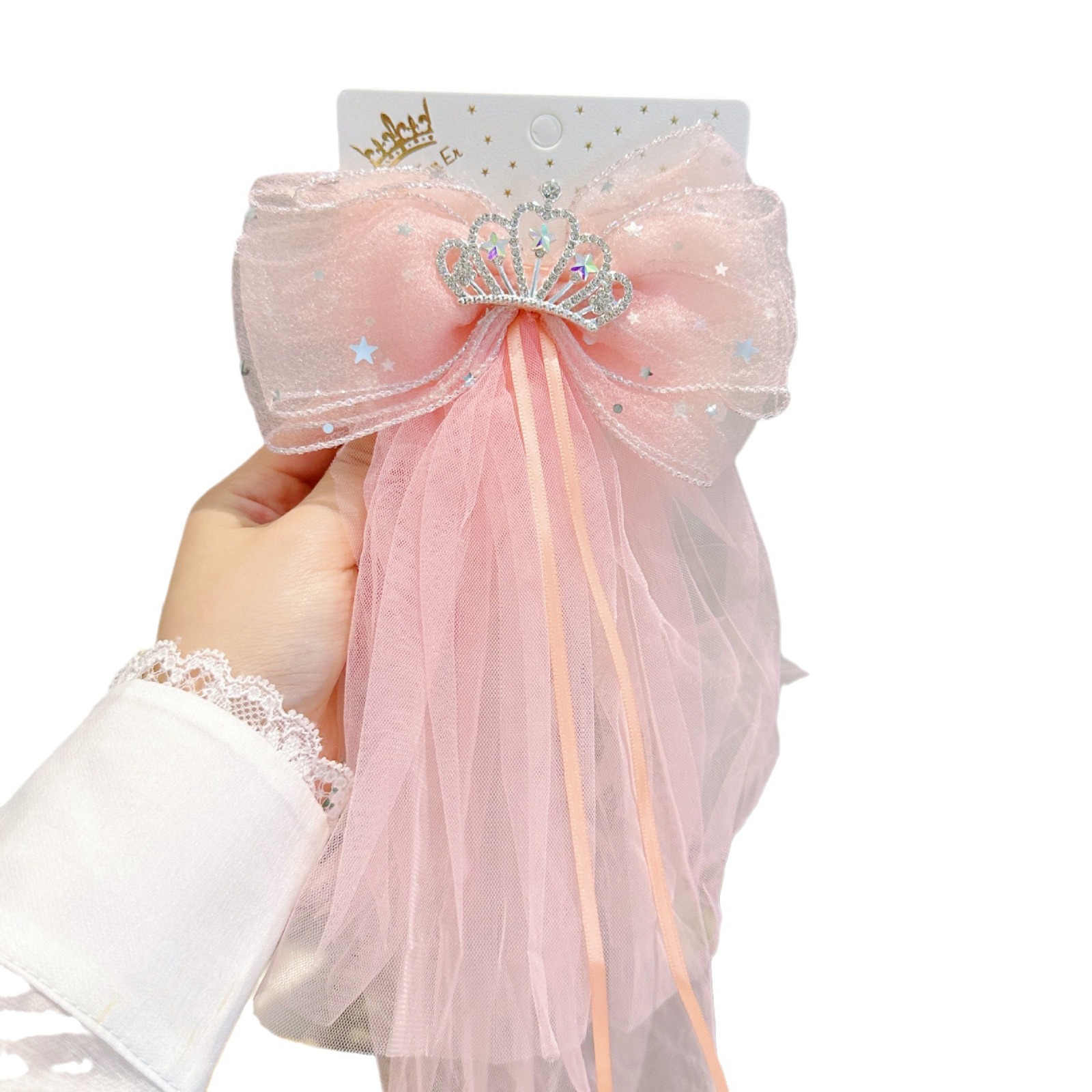 New Children's Hair Clip Sequin Small Crown Bow Drape Press Clip Delicate Girl Quality Princess Style Hair Accessories Item Picture