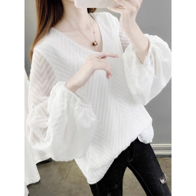 2023 New Women's Small Shirt V-Neck Long Sleeve Large Size Foreign Gas Shirt Female Xianqi Thin Belly Chiffon Blouse Specification drawing