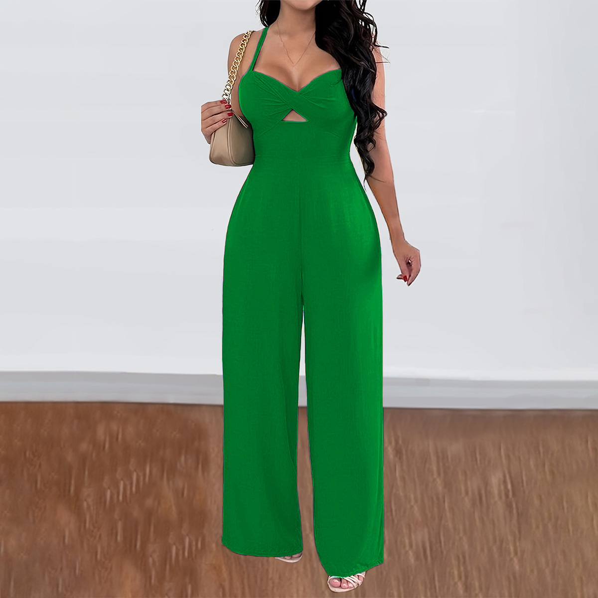 Kaikuo 2025 Spring/Summer Cross-border Casual Vacation Commuting Style solid-color halter wide-leg Jumpsuit women's clothing Specification image