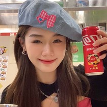 Pink bow beret female big head Seine red fashion Y2K sweet cool painter hat show face small Korean version Instagram tide