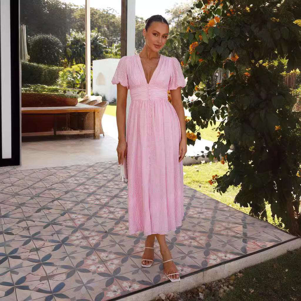 Cross-border European and American 2024 women's new solid-color V-neck long puffed sleeve oversized hem slimming dress Specification image