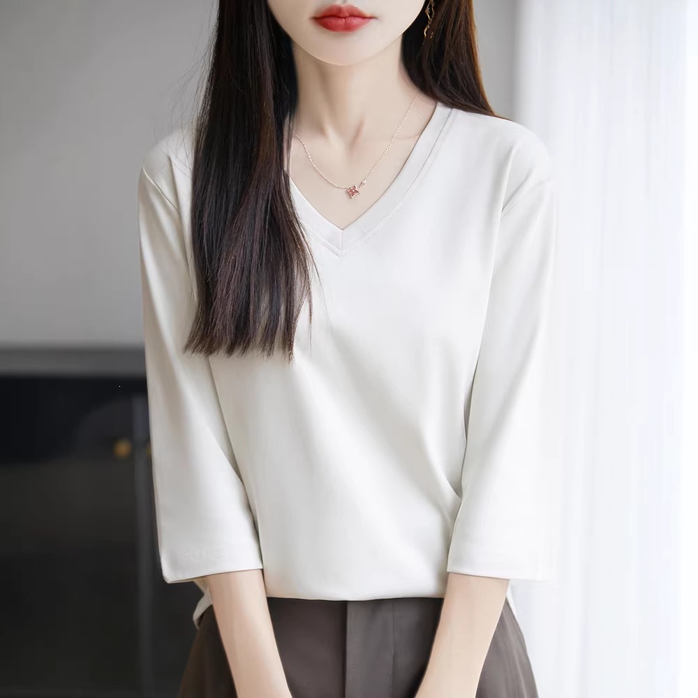 Pure cotton short-sleeved T-shirt for women's spring and summer, new loose V-neck short solid color versatile base T-shirt, half-sleeved top Specification image