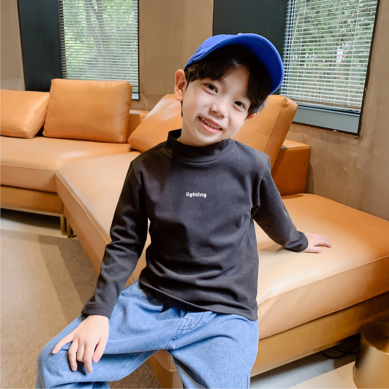 Boys' semi-high-necked fleece base shirt, children's clothing, autumn and winter autumn clothes, long-sleeved T-shirt for older children, with a winter T-shirt worn inside details Picture