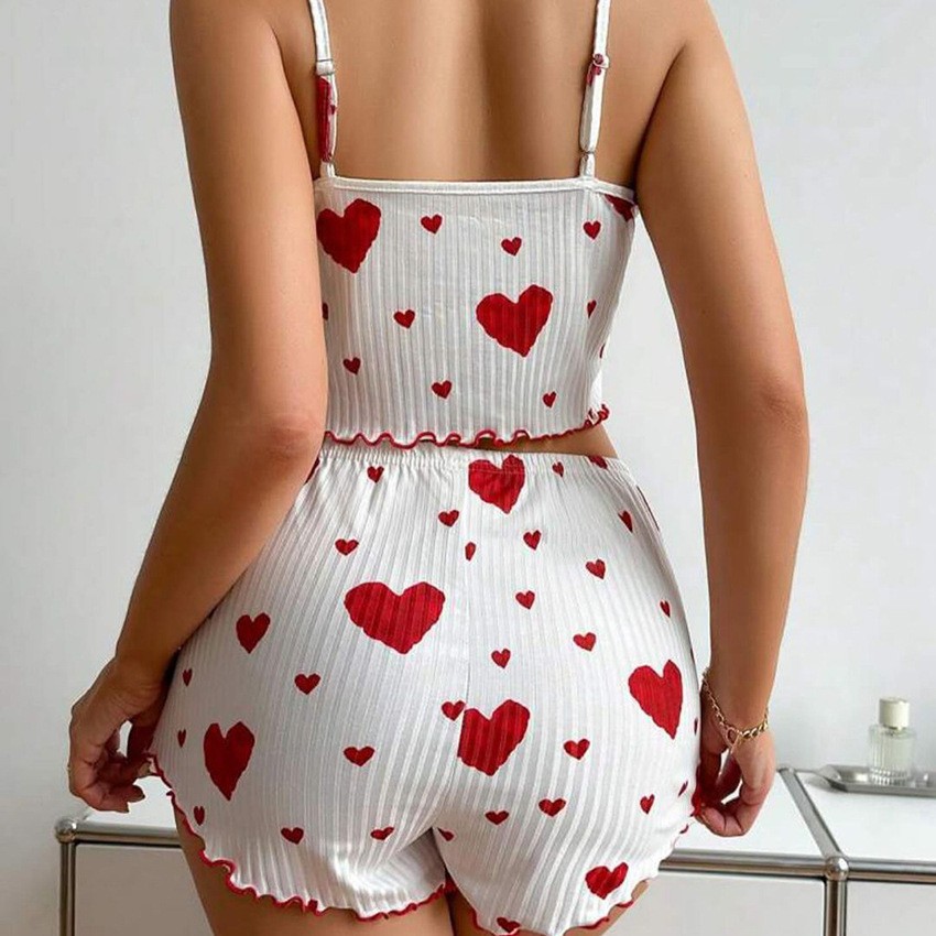 Summer new European and American 2024 knitted striped heart-shaped print design, sweet halter shorts, pure and sensual pajamas for women details Picture