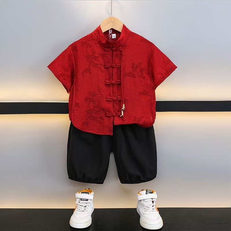 男童新中式汉服幼儿园夏季学生版潮款复古风两件套套装演出服衬衣