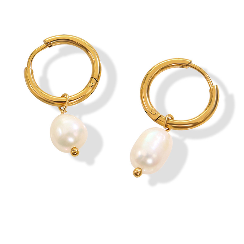 French retro earrings, freshwater pearl ring earrings, titanium steel 18K gold-plated jewelry, ins cold style Item Picture