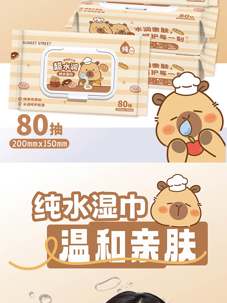 卡通水豚纯水湿巾迷你版便携清洁护理湿纸巾卡皮巴拉儿童家用湿巾详情33