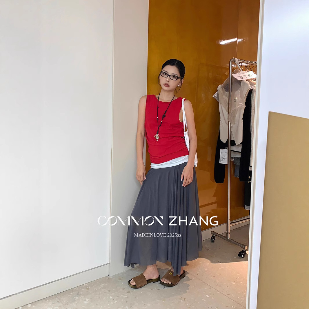 CZ ZHANG Summer Korean-style solid-color casual cinched waist slimming gauze mesh pleated A-line skirt B22410 details Picture