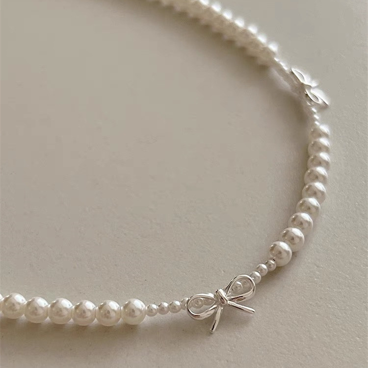 Shi Family Pearl Bow pearl necklace, light luxury, niche design sense, high-end collarbone chain pearl necklace bracelet pic 6
