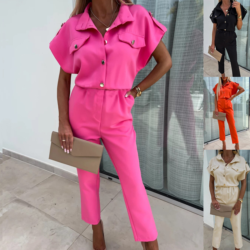 2024亚马逊跨境夏季欧美女装ins新款时尚宽松单排扣收腰连体衣裤