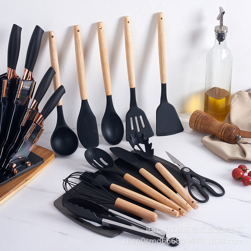 Acrylic Knife Holder Silicone Kitchenware 19-Piece Kitchen Silicone Kitchenware Knife With Storage Bucket Non-Stick Pan Set Specification drawing