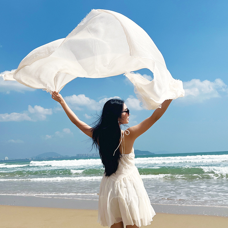 Cross-border cotton and linen scarf with a high-end feel, solid color for spring and summer, Japanese and Korean atmosphere, sun-protective shawl, simple long silk scarf Application Scenario