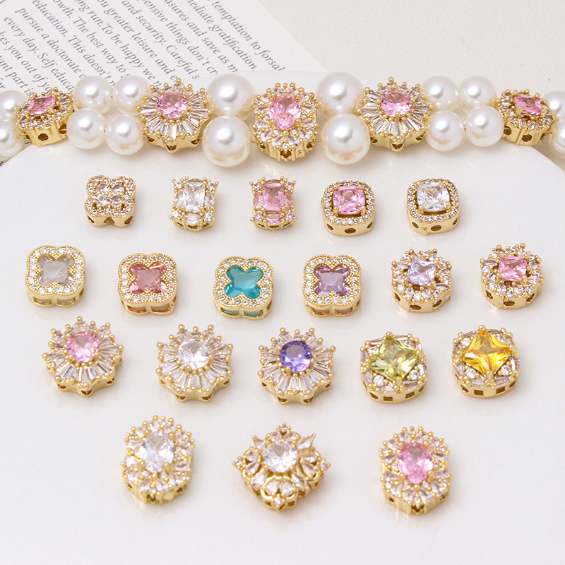 铜镀金微镶锆雪花正方圆形多孔隔珠手作双排三排珍珠手链串珠材料