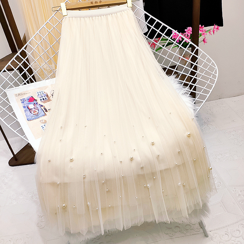 Heavy industry beaded mesh chiffon skirt, new autumn and winter high-waisted half skirt, fairy-like pleated skirt, mid-length A-line skirt details Picture