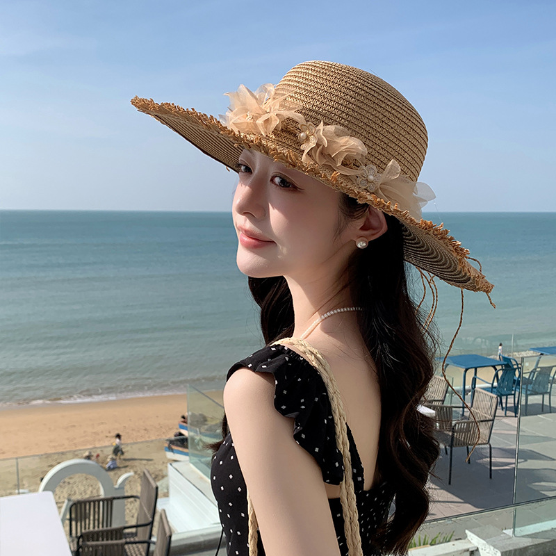 新款帽子女花朵草帽夏季大帽檐遮阳防晒帽海边度假沙滩太阳帽网红