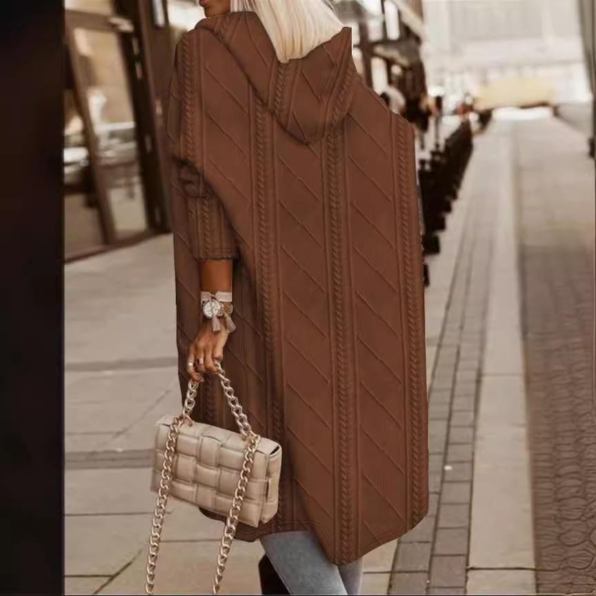 2023 Autumn And Winter New Women's Foreign Trade Europe And The United States Cross-Border Amazon Stranded Flower Texture Hooded Long Trench Coat details Picture