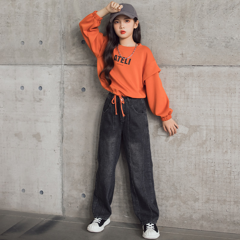 Girls' hoodie 2023 Autumn/Winter New Style: small flying sleeve drawstring hoodie + work pants, Big Kids' children's wear, parent-child details Picture
