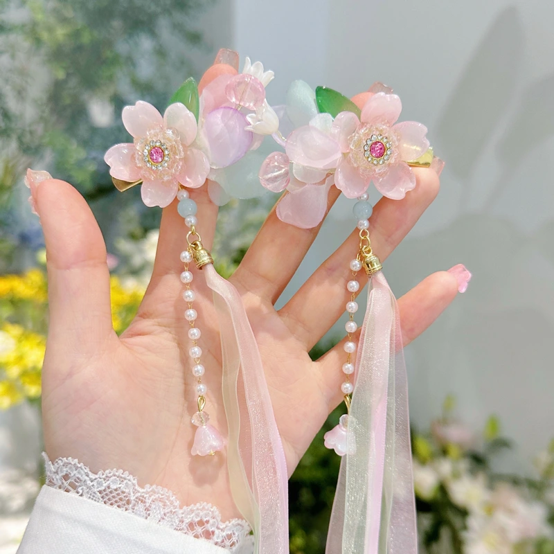Children's Hair Clip Chinese Style Flower Ribbon Hanfu Clip Delicate Rhinestone Bow Ancient Style Hair Accessories For Girls And Children