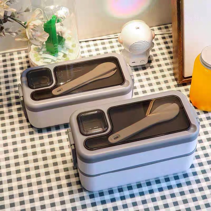 Plastic lunch box, compartments, lunch box, modern and simple food grade, with sauce box, double-layer, microwave-safe