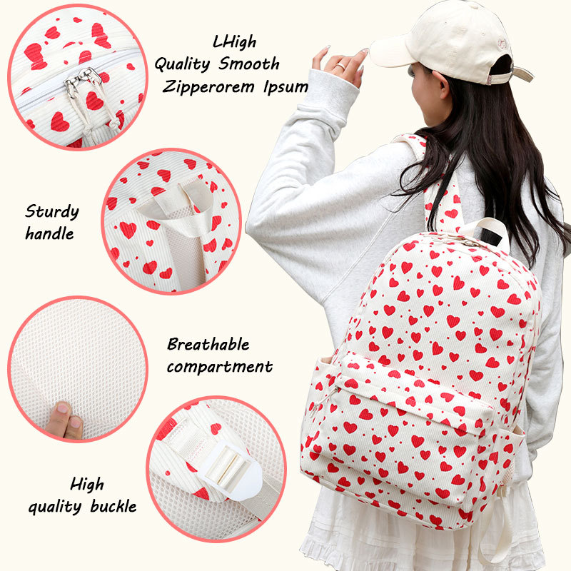 Cross-border new products: Schoolbags for girls in primary and high schools, corduroy, strawberry printed computer backpacks, and backpacks for girls details Picture