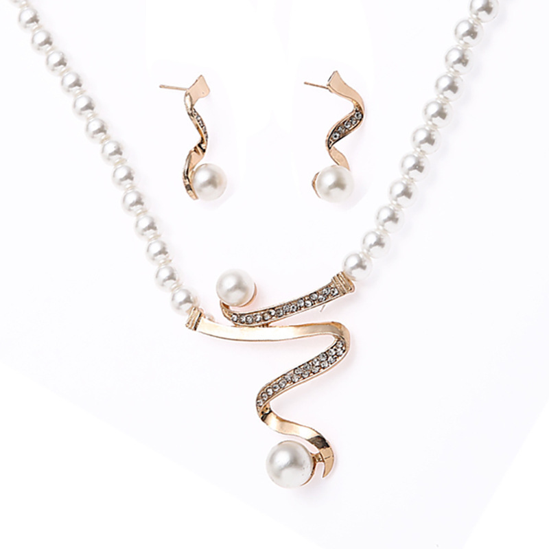Pearl inlaid diamond necklace earrings wedding jewelry set 2 sets act the role of set bride jewelry manufacturers wholesale lady details Picture