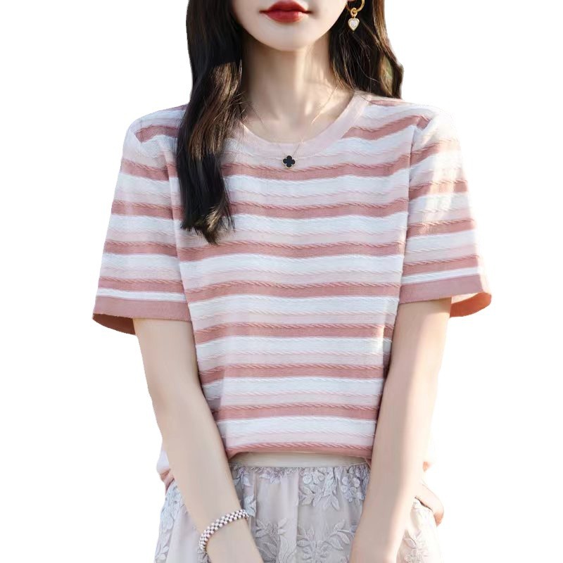 Summer women's tops, full-color knitted cotton and linen short-sleeved women's T-shirts, women's round-neck vests, striped contrasting colors, wholesale and consignment for foreign trade Item Picture