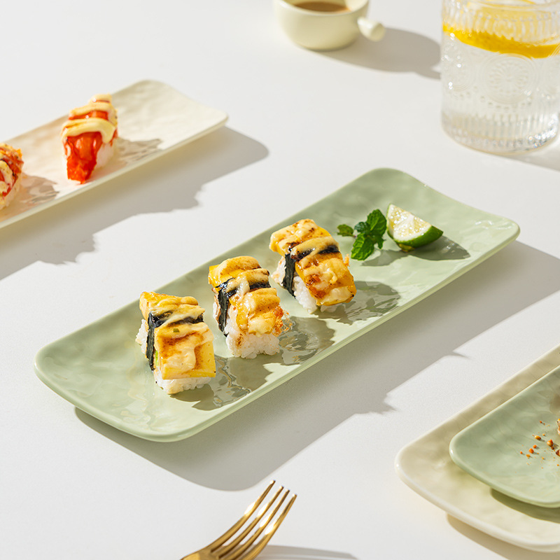 Creative 12-inch cream-style fish plate, milky white, milky green large ceramic home rectangular plate, fruit plate, sushi plate details Picture