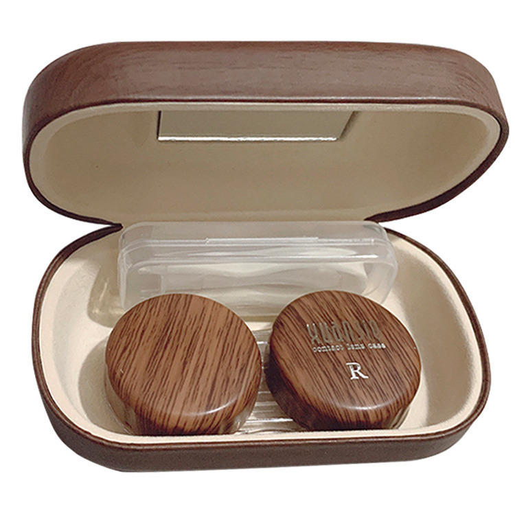 A retro leather and wood grain large-diameter leak-proof storage dual-pair companion simple beauty contact lens box for myopia Item Picture