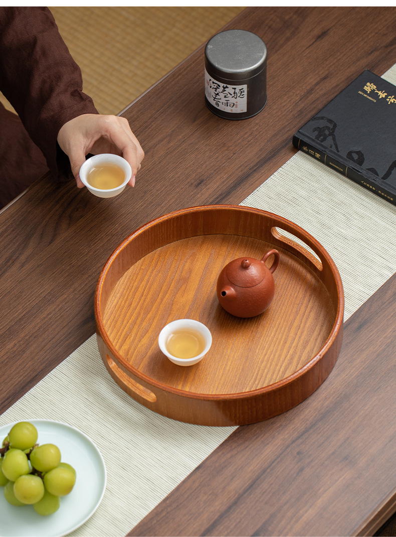 新款曲柳木圆形提手干泡台高端家用小型茶具收纳茶盘下午茶咖啡盘详情15