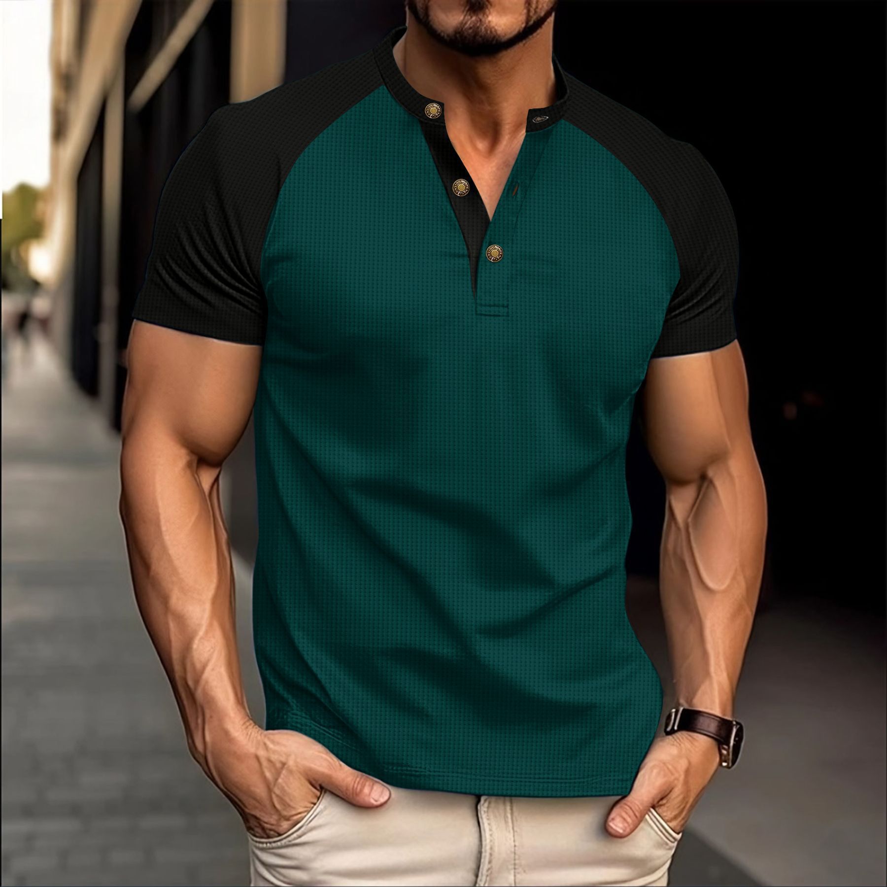 A new cross-border summer men's round-neck Waffle 3-button breathable color-blocked off-the-shoulder short-sleeved casual T-shirt Specification image