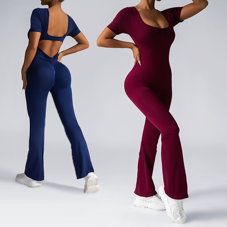 European and American backless, cut-out, round-neck, hip-lifting, flared, beautiful back pants, yoga, casual sports, breathable and nude one-piece yoga wear Specification image