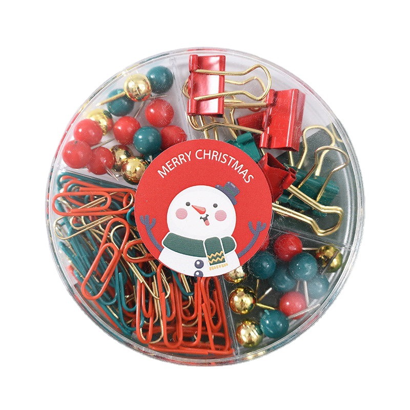 Christmas creative paperclip, long-tail clip, four-compartment round box stationery set, red, green and gold cultural and creative binding gift Item Picture