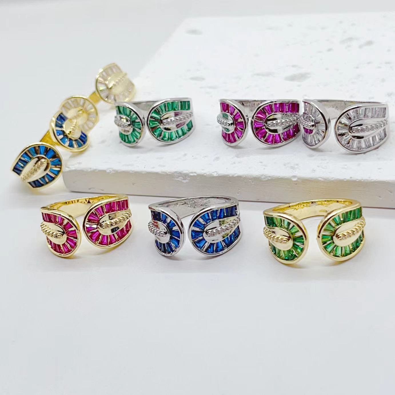New European and American style open-mouth ring, grand and exaggerated geometric ring, copper zircon electroplated 18K color retention, multiple colors to choose from