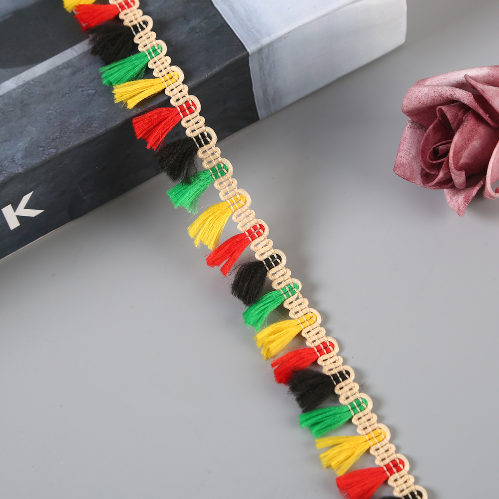 A la imagen se puede hacer encaje de poliéster de cuatro colores pequeñas hileras de barbas borlas ropa de estilo nacional accesorios de encaje cortinas cordones de sofá accesorios de correas Specification image