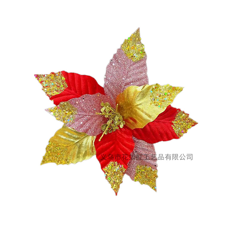 亚马逊爆款圣诞花头金粉花圣诞树装饰品一品红圣诞花环壁挂配件图