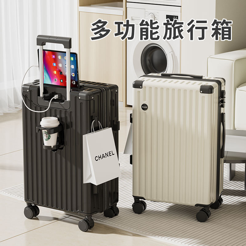 行李箱厂家代发 新款20寸休闲拉链旅行箱 静音杯架USB密码拉杆箱
