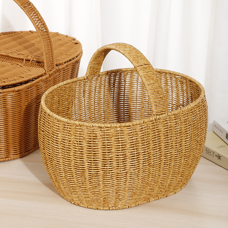 Flower basket, hand-held plastic rattan imitation rattan woven flower arrangement, waterproof hand-woven, hand-held festival souvenir basket, flower blue details Picture