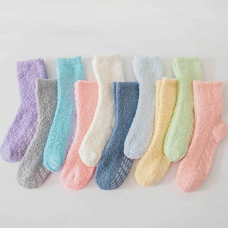 秋冬女士珊瑚绒袜子 纯色防滑点胶袜保暖舒适毛巾袜居家地板袜